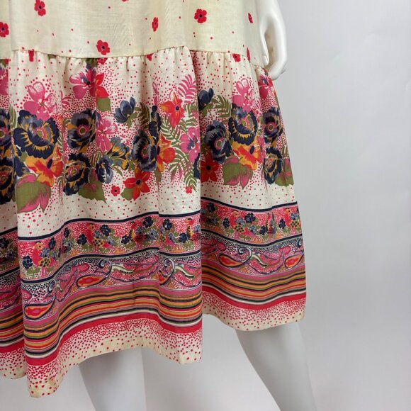 Vintage 70s Prairie Sundress Womens Large Peacock Bird Border Print Fit N Flare - Picture 6 of 12